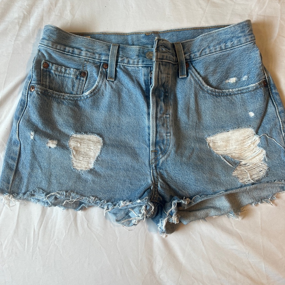 Levi's Blue Distressed Jean Shorts with Frayed Hem